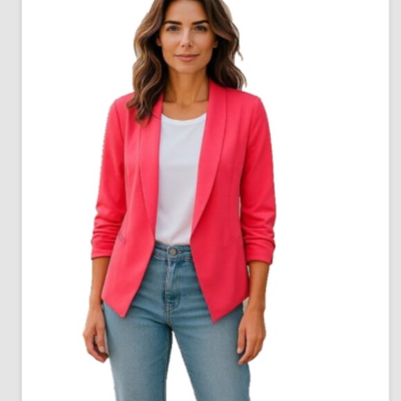 Colorful Open Front Blazer Size Small Ruched 3/4 Sleeve Lightweight Jacket - Picture 2 of 11